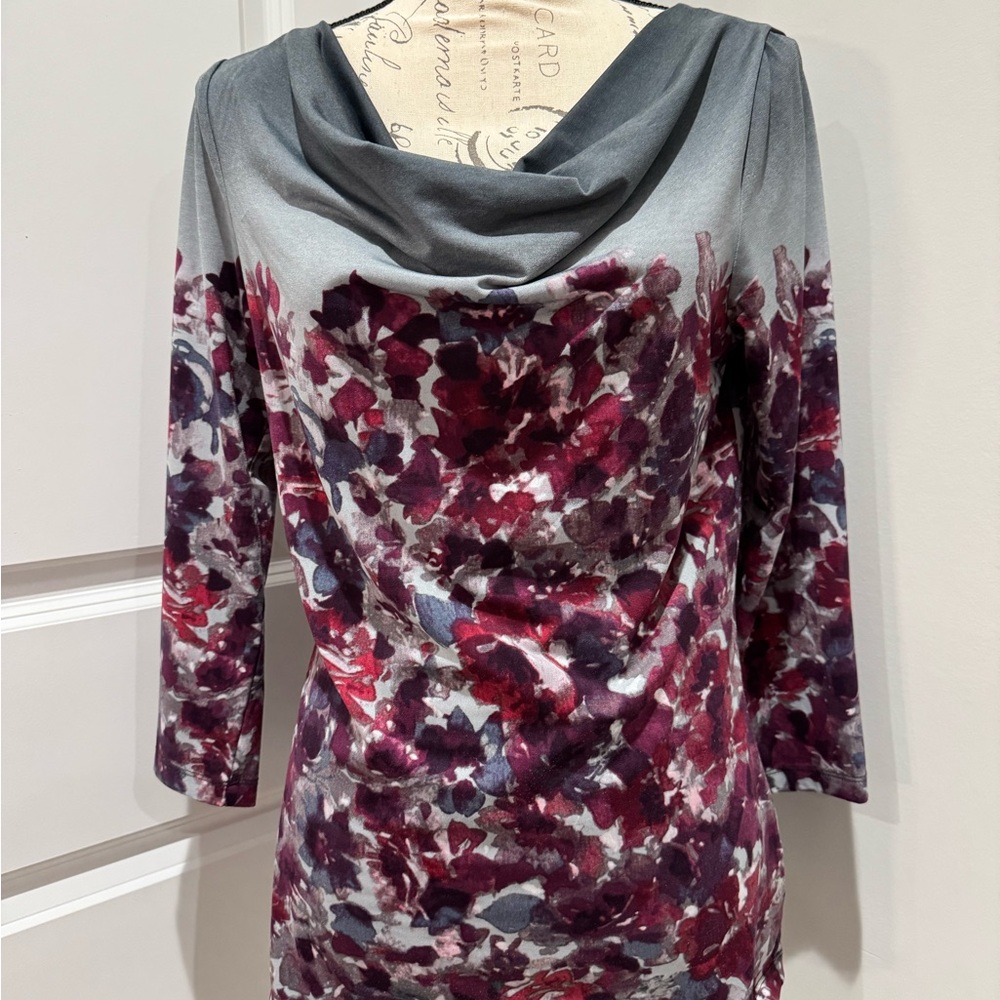 Anne Klein Gray and Burgundy Floral Cowl Neck Top